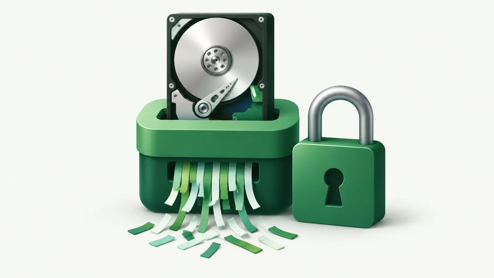 Illustration of a hard drive being fed into a shredder beside a closed padlock